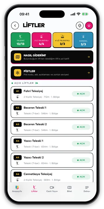 Uludağ uygulaması — Liftler ekranı