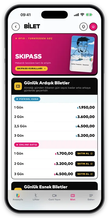 Uludağ uygulaması — Bilet ekranı
