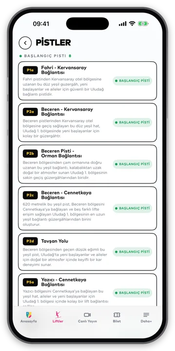 Uludağ uygulaması — Pistler ekranı