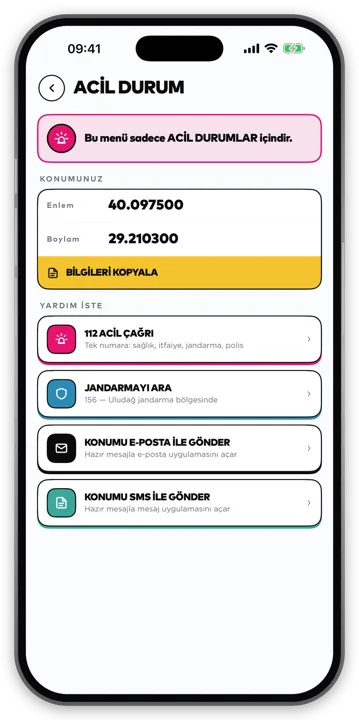 Uludağ uygulaması — Acil Durum ekranı
