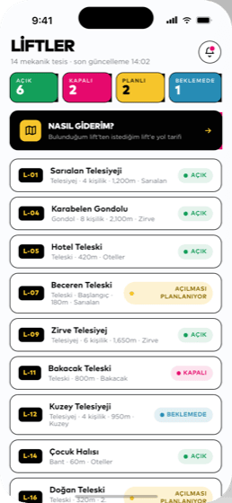 Uludağ uygulaması — Liftler (iOS)