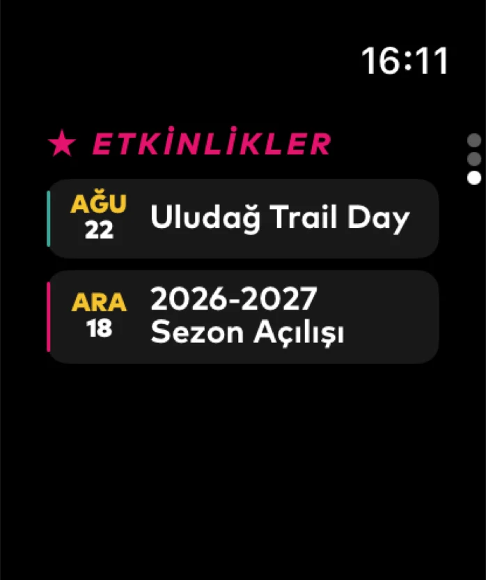 Uludağ Apple Watch uygulaması — Etkinlikler ekranı